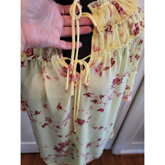 Yellow/Pink Floral Ruffle Blouse Flowy Butterflies sz L Cottage Fairy Coquette - Picture 4 of 8